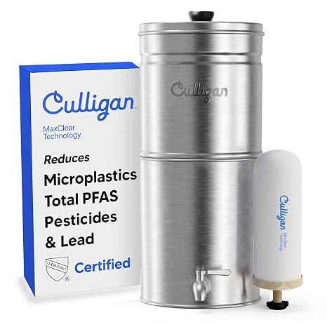 Culligan MaxClear Gravity Water Filter System - Microplastics, Lead & PFAS | IAPMO Certified | Nesting & Portable | 2.25 Gallon | 1 Ceramic + Carbon Filter Included | Premium Brushed Stainless Steel
