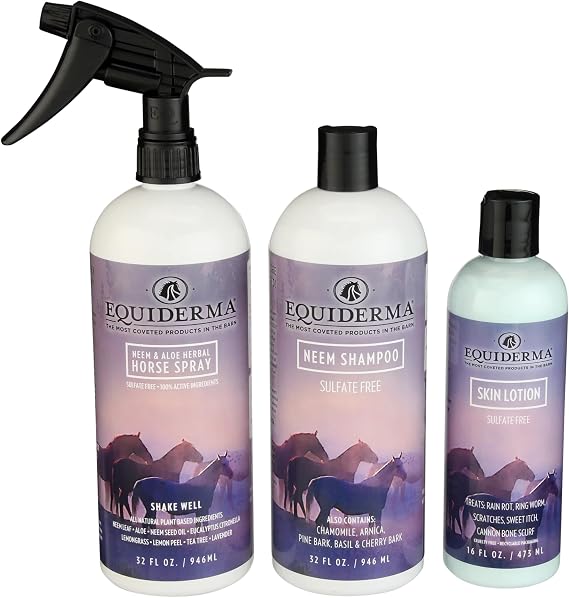 EQUIDERMA Sweet Itch Combo 32oz Arnica Shampoo + 32oz Aloe Herbal Spray + 16oz Skin Lotion Complete Horse Grooming & Seasonal Skin & Coat Comfort Bundle
