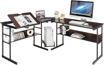 Tangkula 67 Inches L-Shaped Office Desk, Corner Computer Desk with Bottom Bookshelves & CPU Stand, Drafting Drawing Table with Tiltable Desktop, Corner Computer Workstation Home Office Desk