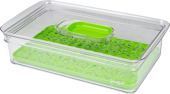 Goodful Produce Keeper, Adjustable Air Vents, Removable Insert/Colander, Durable Food Safe Material, Stackable, Clear and Green, Flat, 11.6" x 6.8" x 2.8"