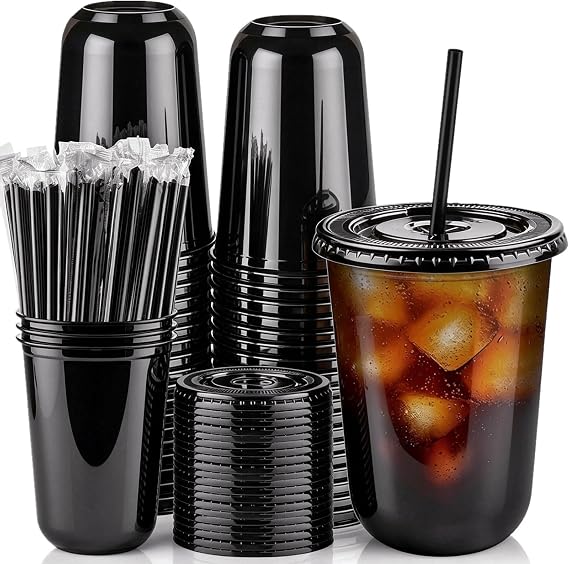 50 Sets - 16oz Black Plastic Cups with Lids and Straws | Round Bottom, Cute Disposable Plastic Coffee Cups with Lids, Smoothie Cups, Party Cups for Bachelorette, Halloween, Birthdays