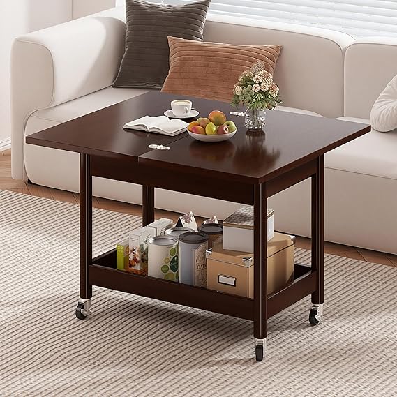 Mobile Wood Sofa Side Table,Foldable Desktop Coffee Table with Drawers and Storage Compartment,with Wheels Small Multifunctional Dining Table for Living Room,Bedroom,Office
