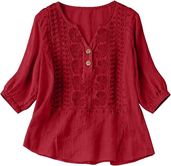 Embroidered Cotton Linen Tops for Women 3/4 Sleeve Summer Boho Peasant Gauze Blouses Dressy Casual Bohemian Shirts