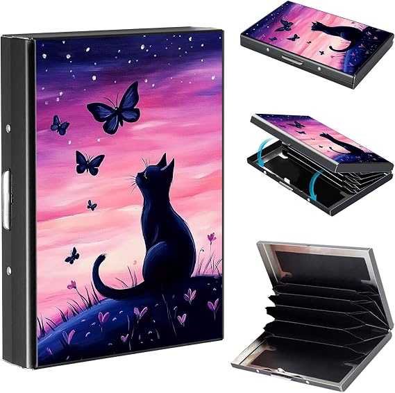 Credit Card Holder Metal Wallet, RFID Blocking Slim Minimalist Card Wallets for Man Woman, Aluminum Wallet for ID Business Cards Cash, Black Cat Small Pocket Purse Hard Case with 6 slots