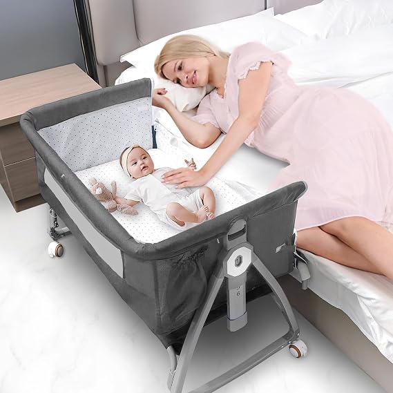 Baby Bedside Bassinet, Baby Bassinet for Newborn, Bedside Crib Sleeper with Storage Basket and 4 Auto-Lock Wheels, Adjustable Height Bassinet Bedside Sleeper (Dark Grey)