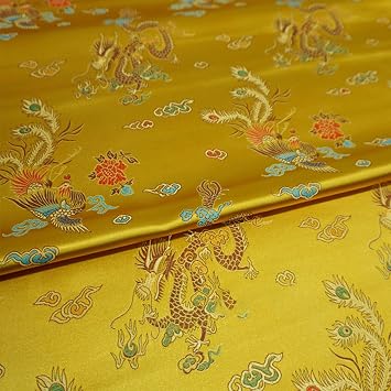 Brocade Fabric Chinese Fabric Bright Yellow Gold Positive Red Classic Chinese Dragon Phoenix Auspicious Ancient Retro Smooth Dynasty Clothing Cloth(Unique Colour)