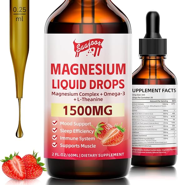 Magnesium Glycinate Liquid Drops, 1500mg Magnesium Liquid Supplement with Vitamin B6, D3, L - Theanine, Omega3,Support Night, Muscle, Bone, Mood,