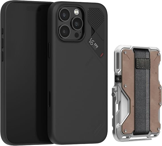 Aulumu A16 Vegan Leather [Touch Black] + G03 Wallet Leather Metal Card Case [Genuine Leather] for iPhone 16 Pro Max | Comforts Magnetic Card Holder Kit