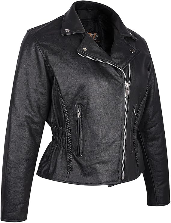 Braided Women's Leather Motorcycle Jacket, Studded, Black Asymmetrical Style with Zipout Liner