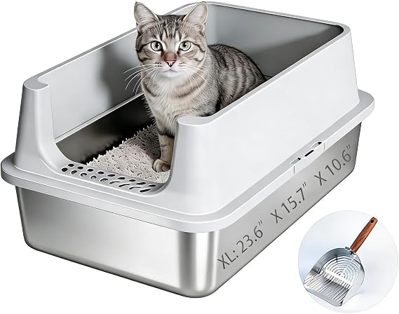 Stainless Steel Cat Litter Box with High Sided Splash Guard, Large Size | 23.6"15.7"10.6" Metal Litter Pan with Plastic Enclosure, Odor Resistant Design, Easy to Clean, Spacious for Cats