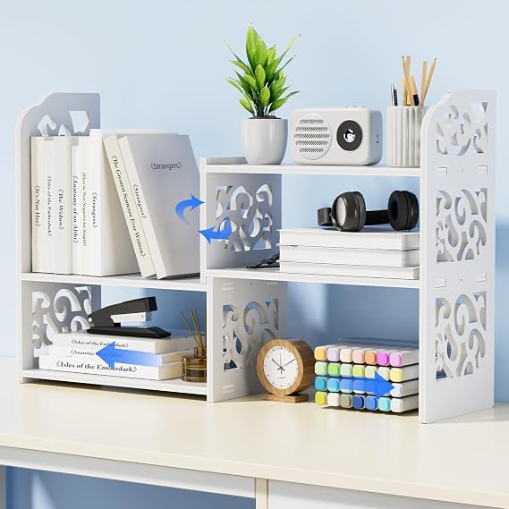 YGYQZ Adjustable Desktop Shelf Organizer, 3-Tier Desk Shelf, White Pattern | Expandable Width Design, 3-Tier Storage, Cloud Pattern Style, Lightweight PVC Build, Ideal for Office & Dorm