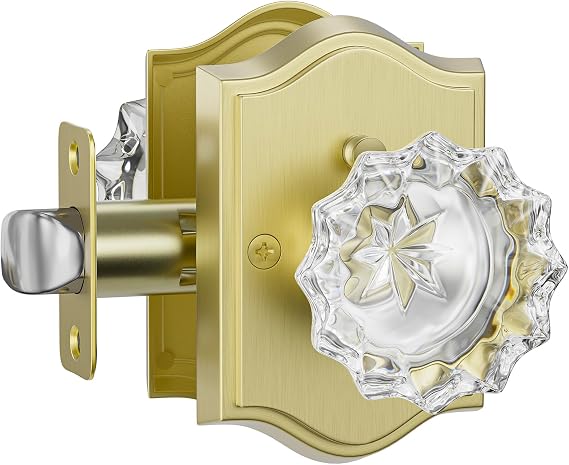 HOSOM Glass Door Knobs with Lock, Privacy Door Knob, Keyless Gold Door Knobs, Crystal Door knobs Interior Door Lock for Bedroom, Bathroom, Gold