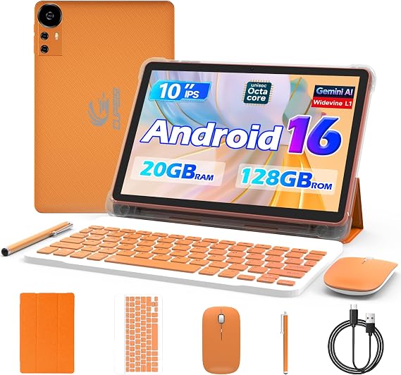 CUPEISI Android 16 Tablet 10 Inch, 20GB RAM+128GB ROM/2TB Expandable, 2.0GHz Octa-core Processor, 1280*800 HD Screen, 5G WiFi6 BT5.0, 2 in 1 Tablets with Keyboard Case Mouse Stylus, Widevine L1 Orange