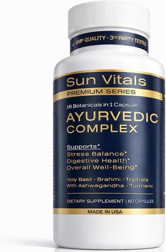 Sun Vitals Adaptogen Complex Ashwagandha, Turmeric, Brahmi & Holy Basil | 16 Ayurvedic Botanicals | Stress Balance, Cognitive & Digestive Support | Triphala, Shilajit & Cordyceps | 60 Vegan Capsules