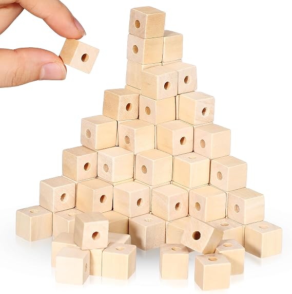 Sonwyoung 100 Pcs 1/2" Wood Cubes with Holes Wooden Square Beads for Crafts