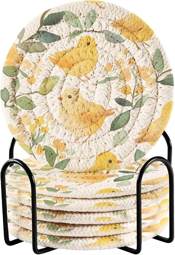 AIXIWAWA Birds Yellow Coasters 6 Pcs with Holder for Drinks, Thick Absorbent Coasters for Coffee Cups Drinking Glasses Table Desk Home Decor