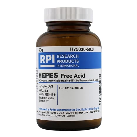 HEPES, Free Acid [N-(2-Hydroxyethyl) piperazine N'-(2-ethanesulfonic Acid)], 50 Grams
