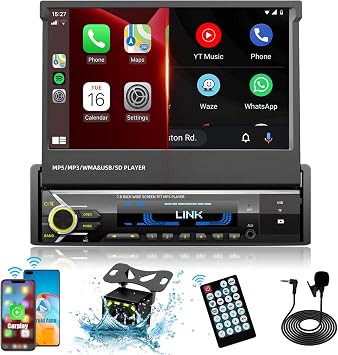 [Upgrade] Single Din Car Stereo Player Compatible with Apple Carplay & Android Auto 7 Inch Motorized Flip Out Touch Screen with Bluetooth| Mirror Link | HD Backup Camera | AUX | AM FM (Black)