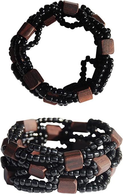 Black Original Glass Beaded 10-Strand Elastic Bracelet with Square Wooden Beads