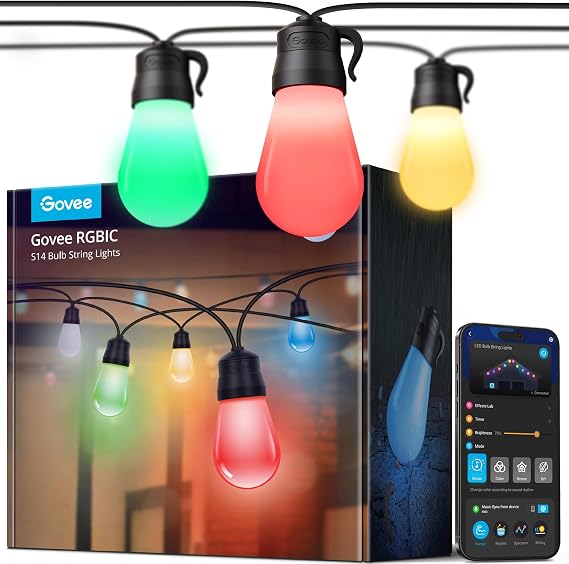 Govee Smart Outdoor String Lights H7029, 24ft RGBIC, IP65, 47 Scene Modes
