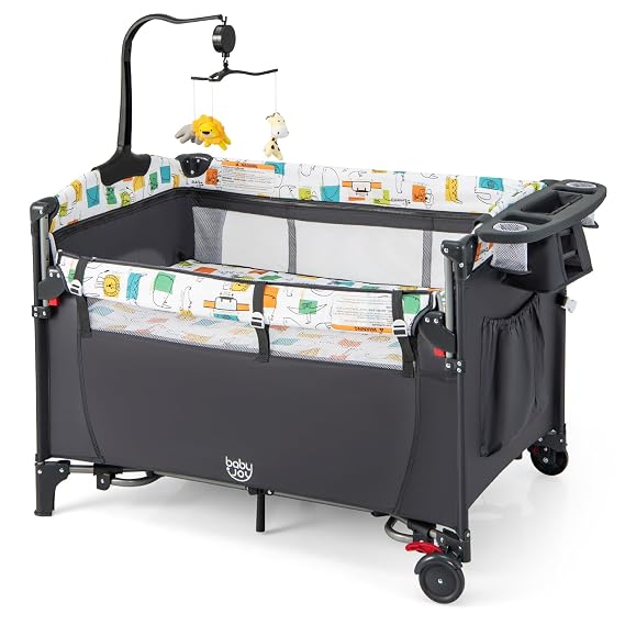 BABY JOY 5-in-1 Pack and Play, Baby Bedside Sleeper with Bassinet, Portable Baby Playard with U-Shaped Diaper Changer, Safety Strap, Multifunction Baby Bassinet Bedside Crib from Newborn to Toddlers