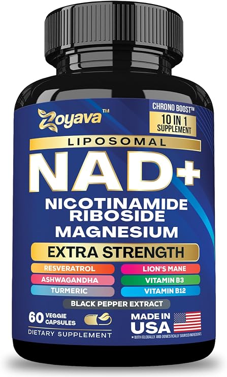 NAD+ Supplement Extra Strength with Vitamin B3, B12, Magnesium, Niacinamide, Liposomal NAD, Lions Mane, Ashwagandha, Turmeric, Black Pepper Extract, Made in USA - 10-in-1 60 Veggie Capsules