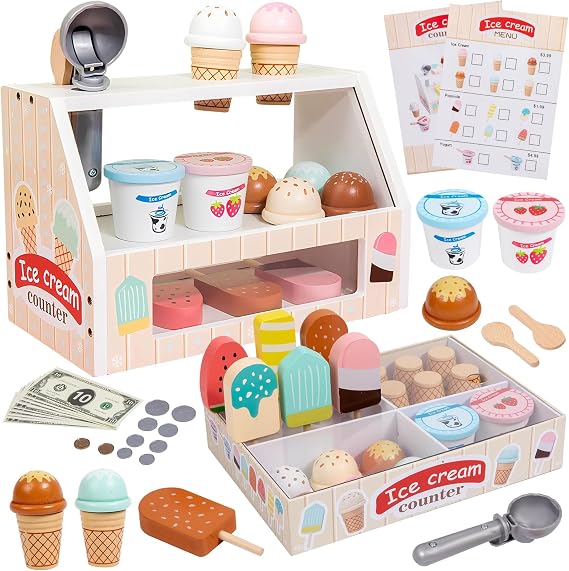 Wooden Ice Cream Toy for Kids, Pretend Play Ice Cream Shop Counter Set