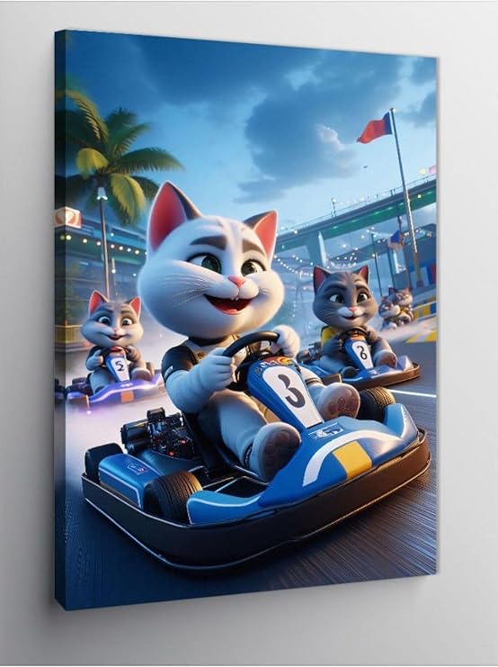 Tablo Mega Kanvas Tablo Go-Kart Yarışan Kedi 70 X 100 Cnvsdkey-128150-70-100
