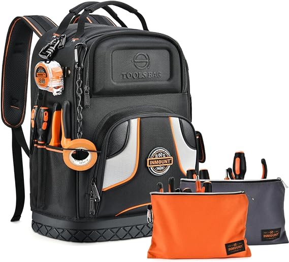 Tool Bag Backpack, HVAC Heavy Duty Construction Tools Backpack for Men, Large Interior Durable Electricians Work Tool Back pack Organizer with Molded Base & Combination Lock for Plumbers & Home Repair