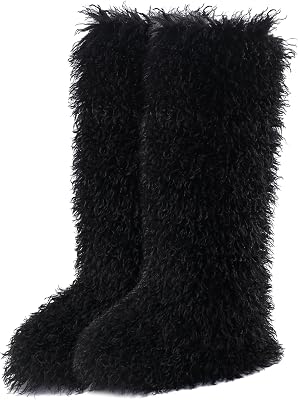 Valpeak Faux Fur Tall Furry Boots for Womens,Long Winter Boots for Girls,Mongolian Fluffy Boots for Kids Fuzzy Knee-High Boots