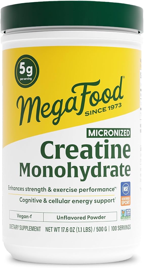 MegaFood Micronized Creatine Monohydrate Powder, Unflavored, 500 Grams | Post and Pre Workout Powder for Men and Women, Brain and Exercise Performance Support, NSF Certified for Sport, 100 Servings