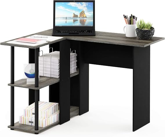 Furinno Abbott L-Shape Computer Desk with Bookshelf, French Oak Grey/Black | Bookshelf, Computer Desk, Office Desk, for Dorm, Home Office, Bedroom, Study Room