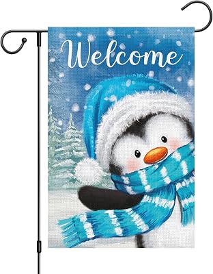 Louise Maelys Welcome Winter Garden Flag 12x18 Double Sided, Burlap Small Snow Penguin Yard House for Outside Outdoor Decoration