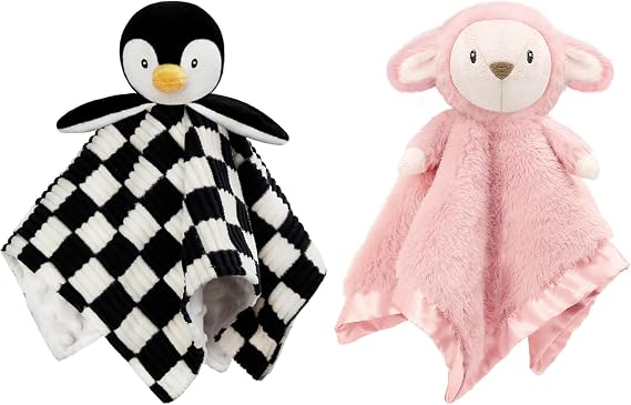2 Pack Baby Lovey Blanket for Boys Girls Super Soft Checkerboard Gingham with Minky Dot Fabric Backing Penguin Stuffed Animal Lovely Snuggle Toy