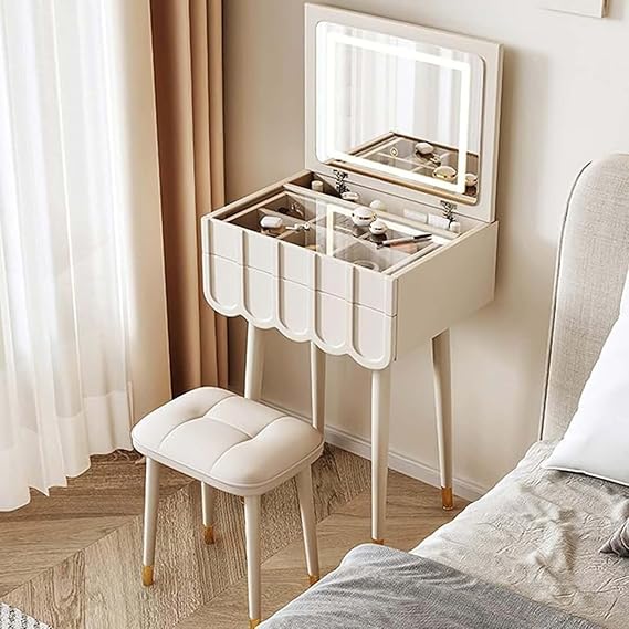 Upholstered Vanity Set with Flip Top Mirror, Makeup Table & Stool, 3-Color Touch Light, Dressing Table with Drawers - Stylish Makeup Desk Combo for Beauty Enthusiasts