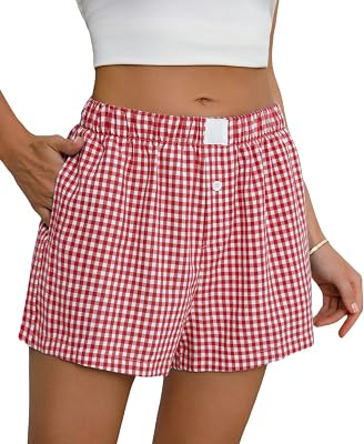 Womens Boxer Shorts Cotton Summer Casual Pajama Y2K Sleep Gingham Plaid Shorts Bottom with Pockets
