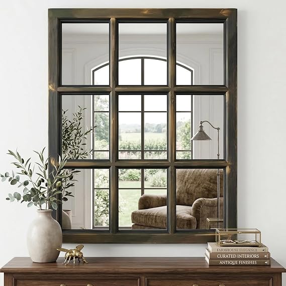 Large Rectangular Window Pane Mirror, 21"x25" Black Walnut Farmhouse Mirror