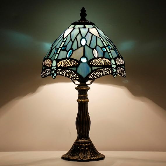 Small Tiffany Lamp Stained Glass Desk Lamp Vintage Tiffany Bedside Table Lamp for Home Living Room Bedroom Nightstand 8X15 Inch (Yellow Fish Scale Style) (Sea Blue Dragonfly)
