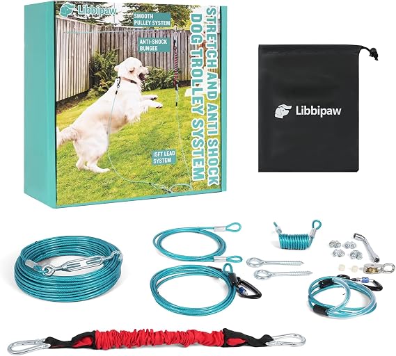 Dog Runner for Yard, Dog Trolley System, 200 ft | Up to 250 lbs, Chew-resistant Steel Cable, Shock Spring Softens Pulls, 360 swivel Helps Reduce Tangles