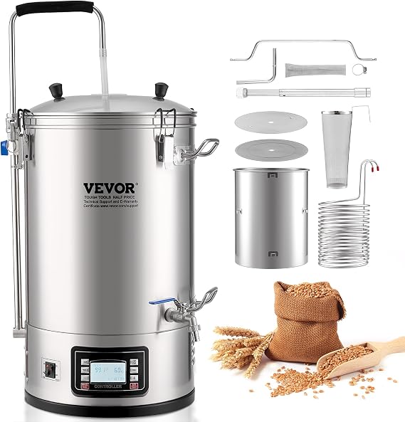 VEVOR Electric Brewing System, 9.2 Gal/35 L Brewing Pot, All-in-One Home Beer Brewer w/Pump, Mash Boil Device w/Panel, Auto/Manual Mode 100-1800W Power 25-100C Temp 1-180 min Timer Recipe Memory