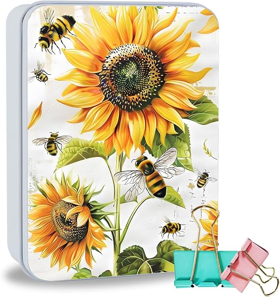 Metal Tin Box Sturdy Metal Storage Box with Lid, Large Container Holder for TCG Cards,Car Keys,Cookies,Tin Containers for Gift,5.0x3.7x1.6 Inch,Exquisite Pattern Design(Bee Sunflowers)