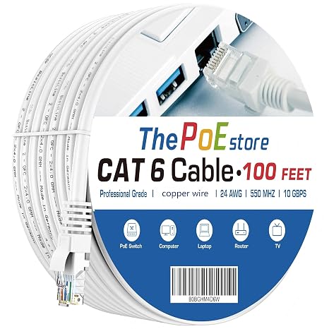 ThePoE Store Long Cat6 Ethernet Cable 100ft 10Gbps LAN Network Cable, White