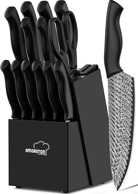 Amorston Knife Set, 15 Pieces Kitchen Knife Set with Built in Knife Sharpener Block, Dishwasher Safe, German Stainless Steel Knife Block Set