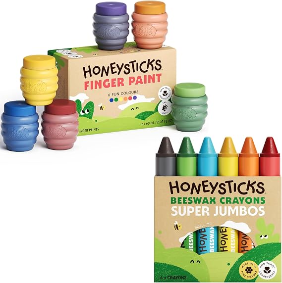 Honeysticks Non Toxic Finger Paint (6 Bright Colors) and 100% Pure Beeswax Super Jumbo Crayons (6 Pack), Perfect Gifting for Toddlers and Children, Non Toxic, Natural - Made in New Zealand
