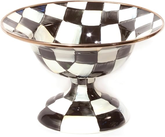 MACKENZIE-CHILDS Enamel Compote, Small, Black-and-White Courtly Check | Hand-painted design, pedestal serving dish or decorative bowl, 7.5" dia. x 5" H, 10-ounce capacity
