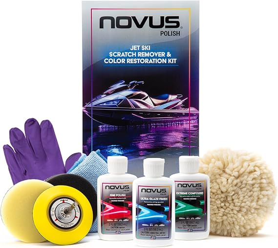 NOVUS 7781 | Jet Ski Scratch Remover & Color Restoration Kit | Includes Plastic Polish #3#2#1-2 Ounces Each, 2 Buffing Pads, Backing Drill Attachment, 3" Wool Pad, Microfiber Towel