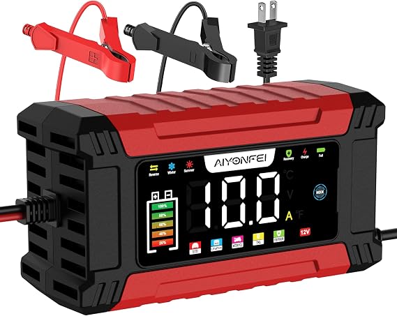 Battery Charger 12V 10-Amp Fully-Automatic Smart Trickle Charger Maintainer | 9 Stage Car Battery Charger Desulfator LED Display Temperature Compensation, for Car Truck Motorcycle Boat LiFePO4