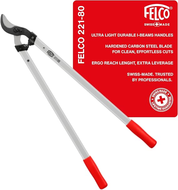FELCO F221-80 Swiss Made Loppers for Gardening 32" Lightweight Precision Loppers for Tree Trimming | Tree Branch Cutters | Tree Trimmer Tool with Curved Bypass Blade | I-Beam Handles | Orchard Reach