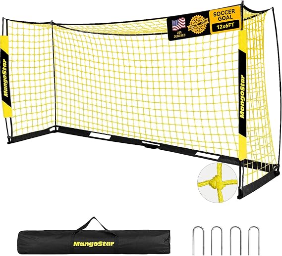 MangoStar Soccer Goal 12X6 FT Soccer Goals for Backyard Portable Soccer Net | Collapsible Design, Easy Setup, Weatherproof Large Soccer Goal for Indoor Outdoor Practice Training with Carry Bag, Stakes