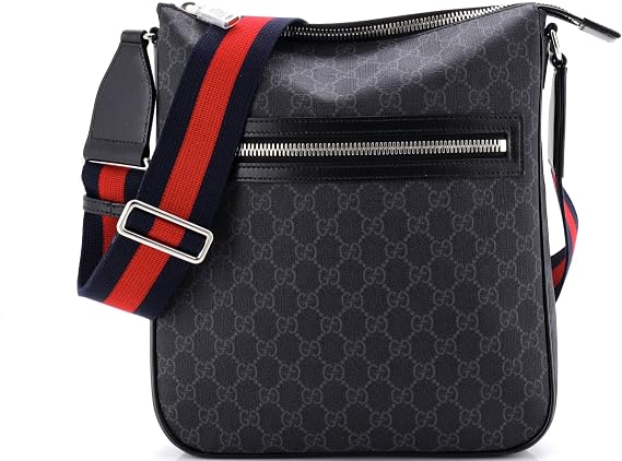 Pre-Loved Web Strap Front Zip Messenger Bag GG Coated Canvas Medium, Black